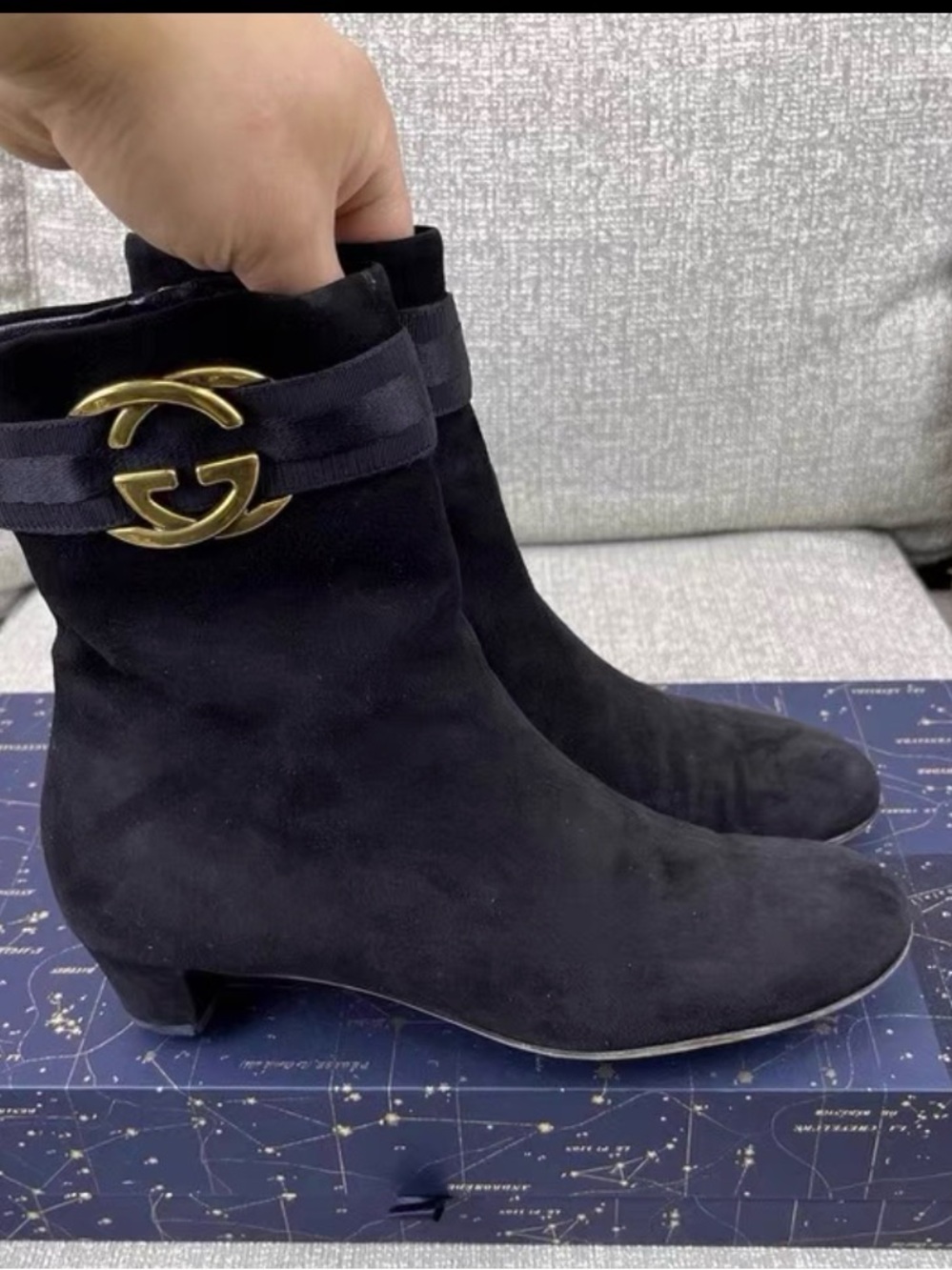 Gucci Black Suede  Boots with Gold GG buckles